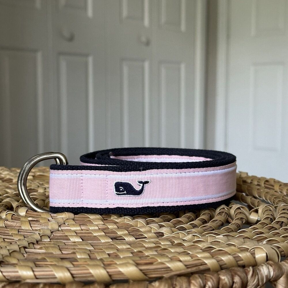 Vineyard Vines Belt Pink Blue Whale Print Sz XXL Canvas Grosgrain Ribbon EUC
